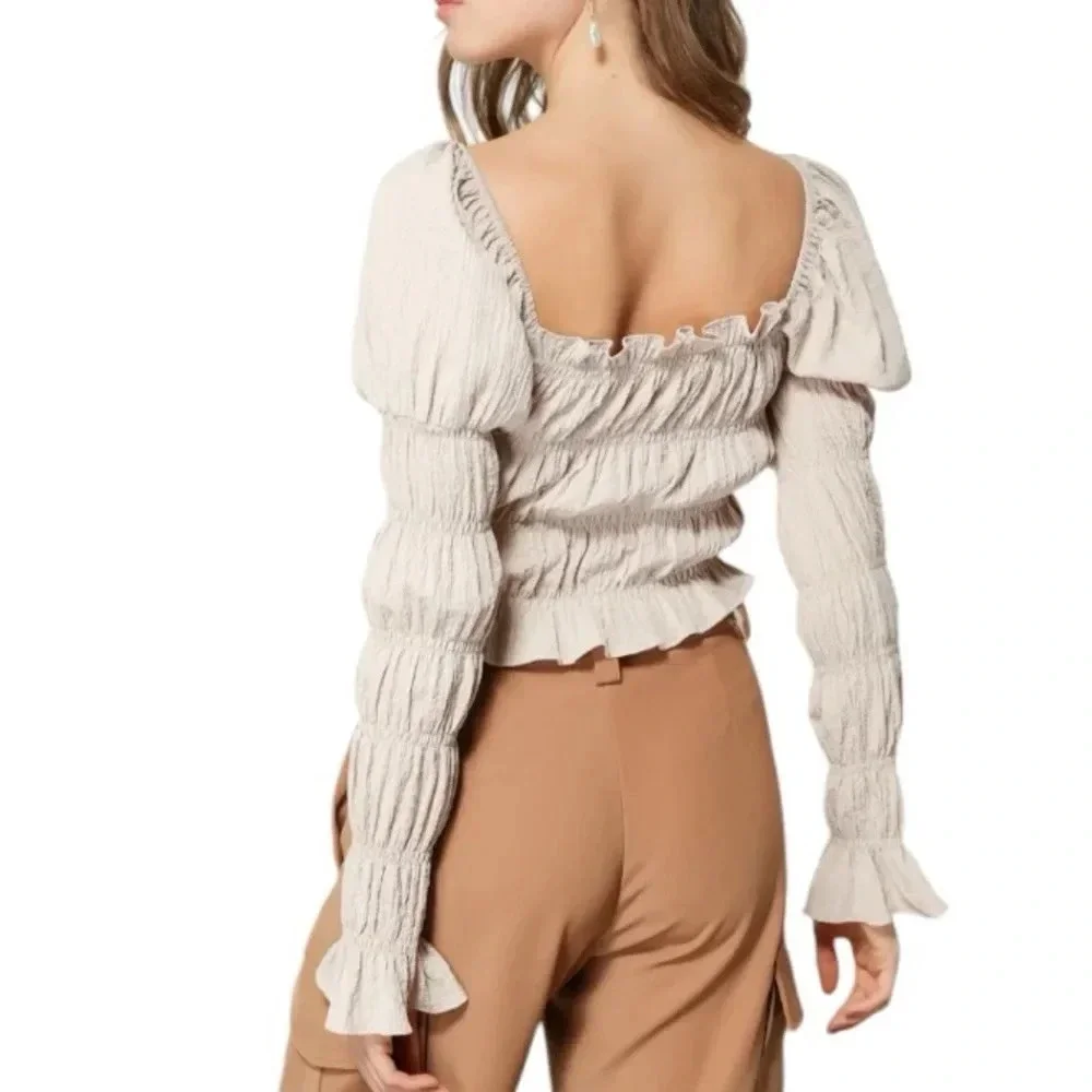 Line & Dot Rayon Blend Pippa Smocked Top Tan/Khaki NWT